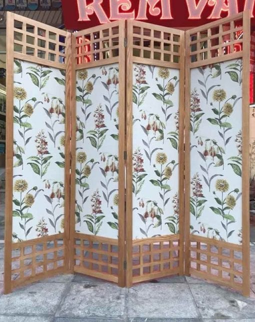 bình phong vải khung gỗ hoa lá cành